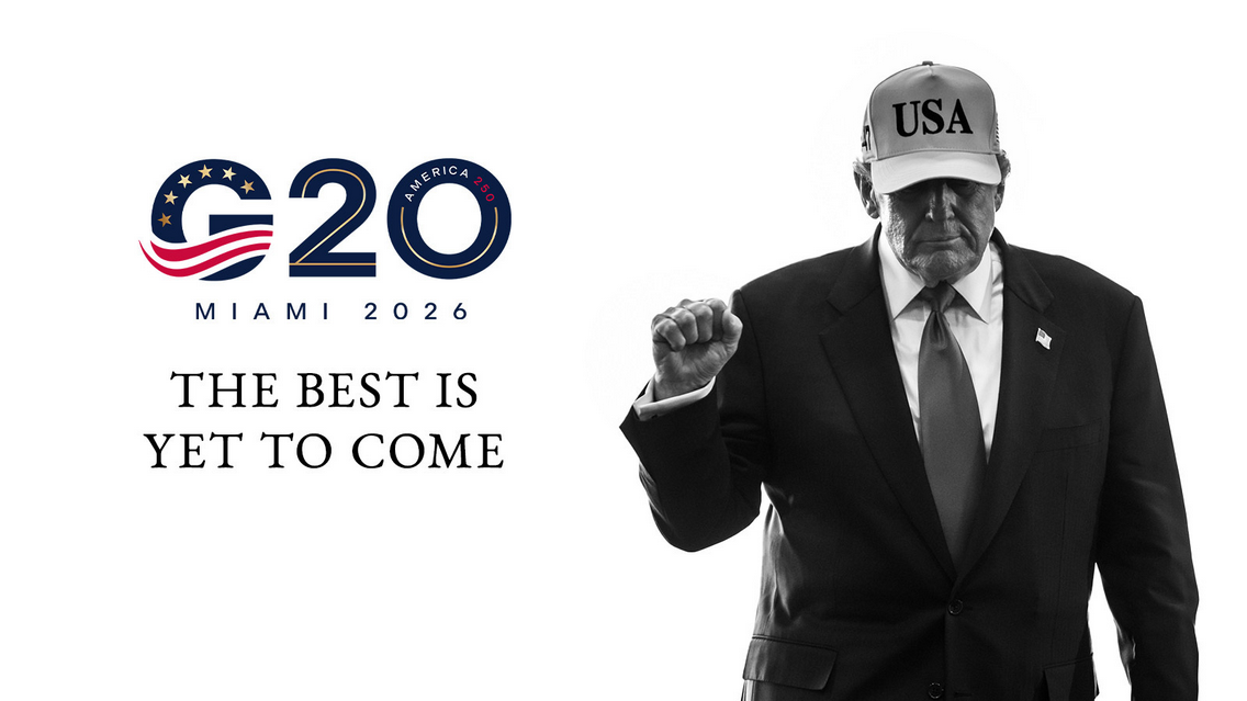 A picture of the new G20 host: America. The screenshot of the G20 website shows a G20 logo for Miami 2026, the slogan "The best is yet to come" and features a black and white picture of President Trump wearing a USA baseball cap that hides his eyes. His left fist is raised to shoulder level. 